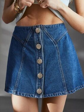 Kimchi Blue Blue Denim Mini Skirt with Embellished Buttons